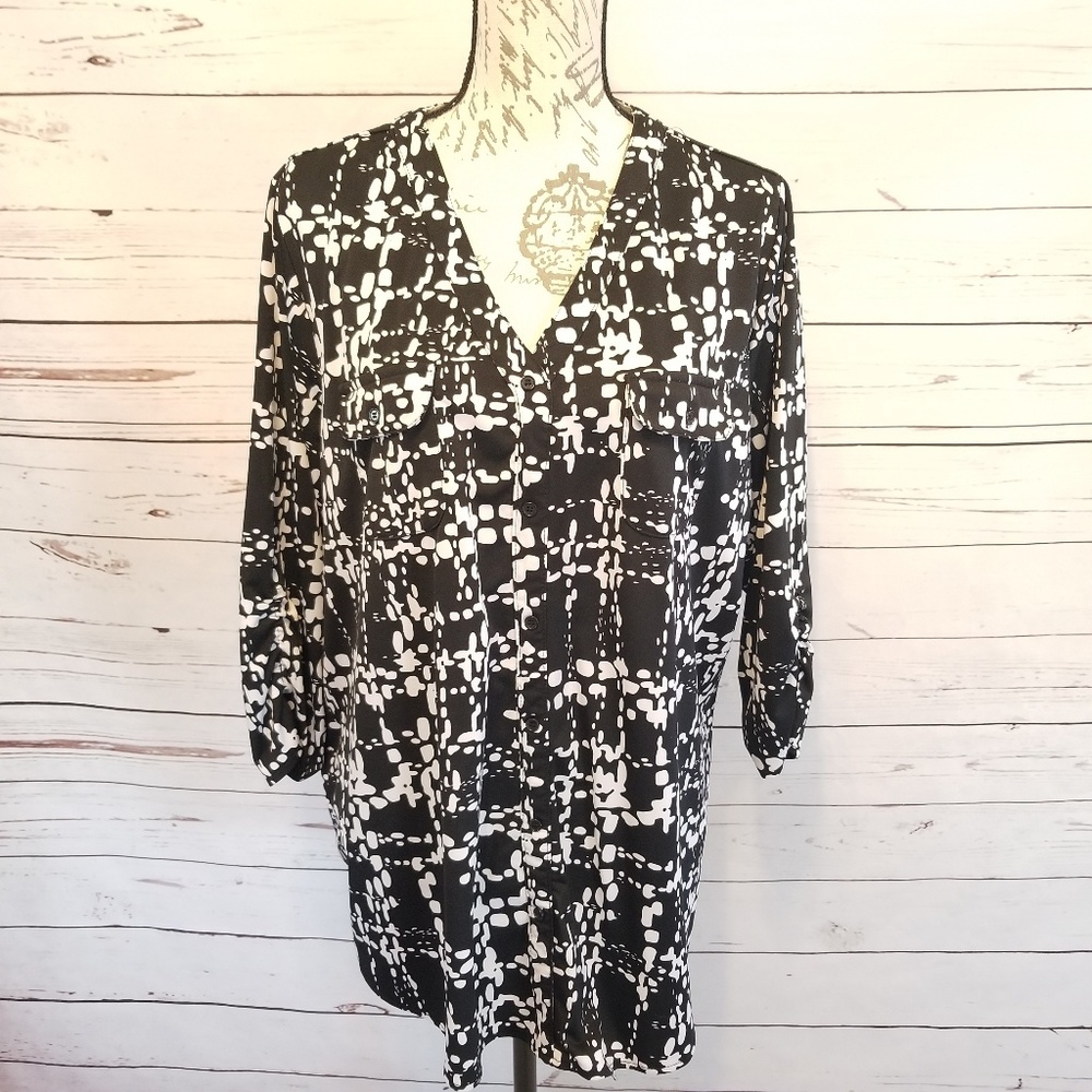 GEORGE Button Down V-Neck Black White Blouse 2X